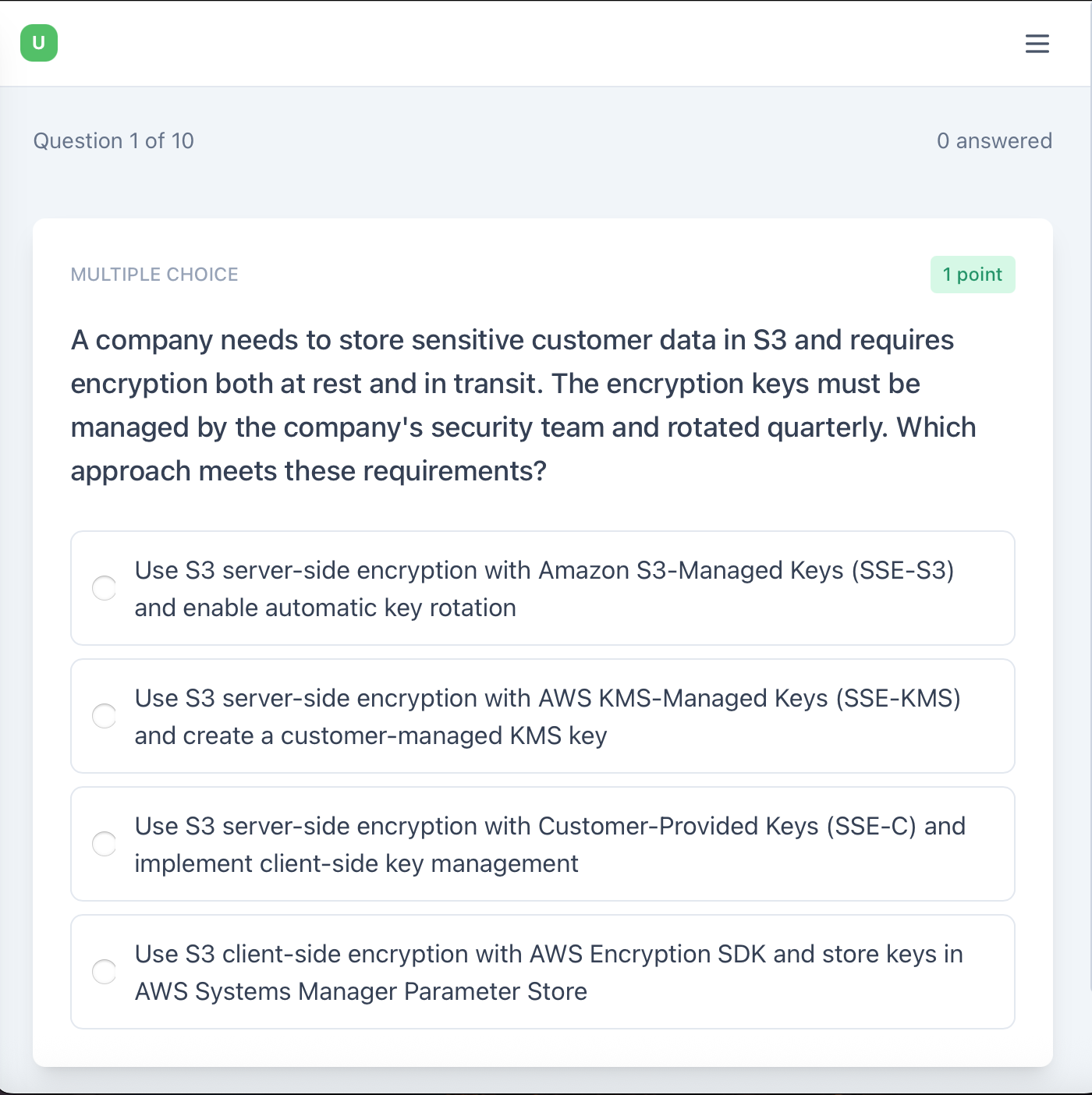Practice exam interface